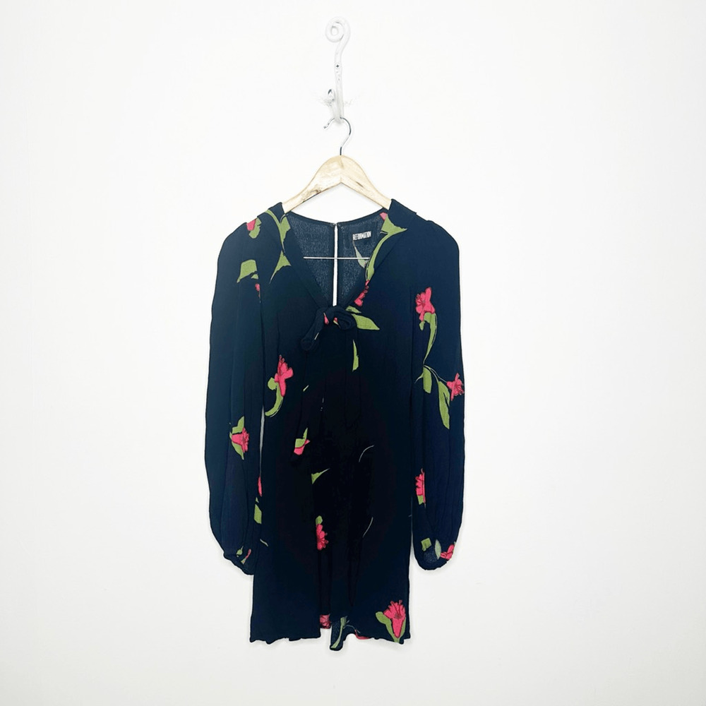 REFORMATION Long-Sleeve Mini Tie-Neck Dress Black floral viscose womens 4